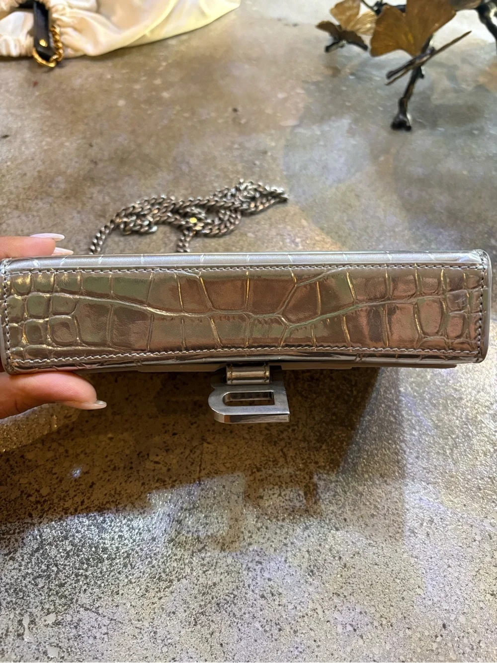 Balenciaga Metallic Silver Croc-Embossed B-Buckle Wallet